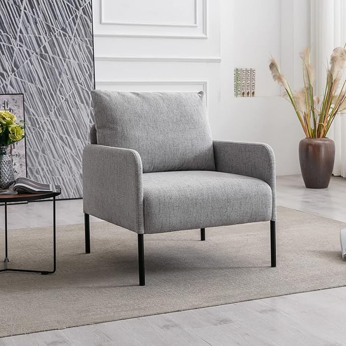 Linen Fabric Living Room Accent Chairs Bedroom Single Sofa Chair, Upholstered Reading Arm Chair Modern Couch w/Comfy Pillow for Waiting Room/Apartment/Dorm, Grey