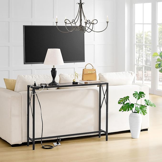 41.7" Console Table, Narrow Behind The Couch Table with Outlet, Industrial Skinny Sofa Table for Hallway, Entryway, Living Room,Walnut