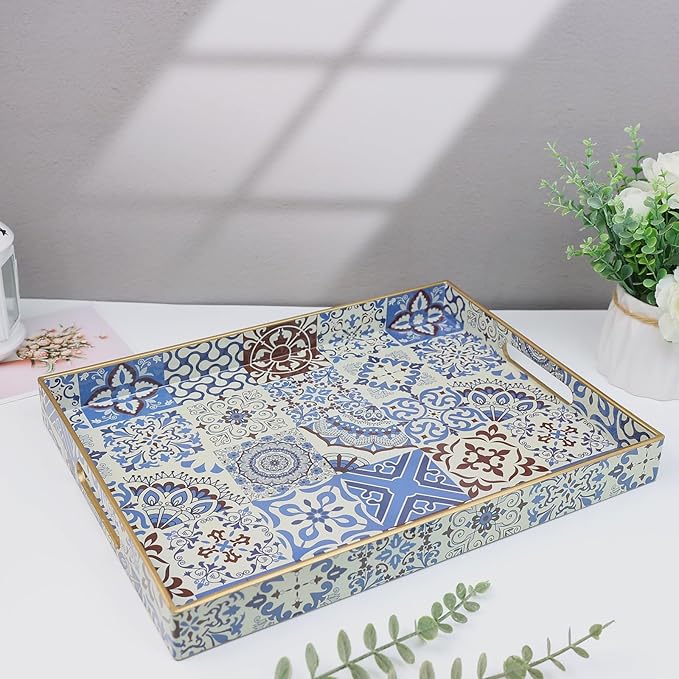 Spsyrine Decorative Serving Tray with Handles, Lacquered Coffee Table Tray for Ottoman, Rectangular Waterproof Platters for Centerpieces, Parties, Living Room, Kitchen Counter Organization SP3040RE1