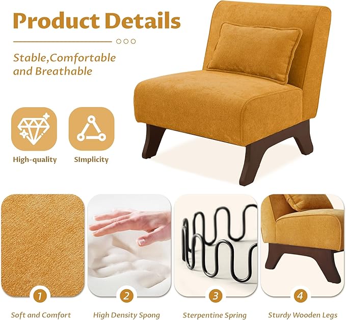 Upholstered Armless Accent Chair,Modern Comfy Living Room Chairs with Wooden Legs& Pillows,Lounge Sofa Side Chair for Bedroom Farmhouse Reading (Yellow, 1 PC)