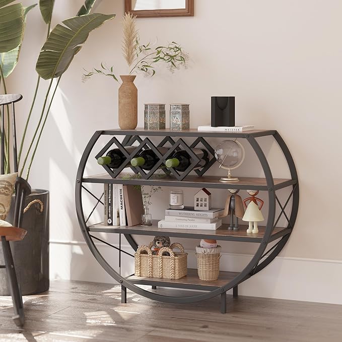 Demilune Console Table Industrial Entryway Table with 4-Tier Open Storage Shelf Wood and Metal Christmas Sofa Table with Wine Rack for Living Room Hallway Display Vintage Rustic Brown
