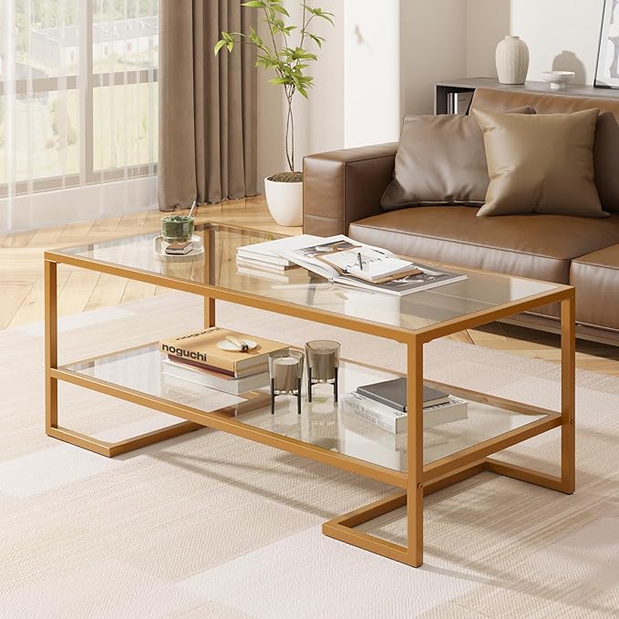 Coffee Table, 2 Tier Tempered Glass Coffee Table, Rectangle Modern Center Table with Metal Frame, Glass Accent Table Open Storage Shelf for Living Room, Office, Golden