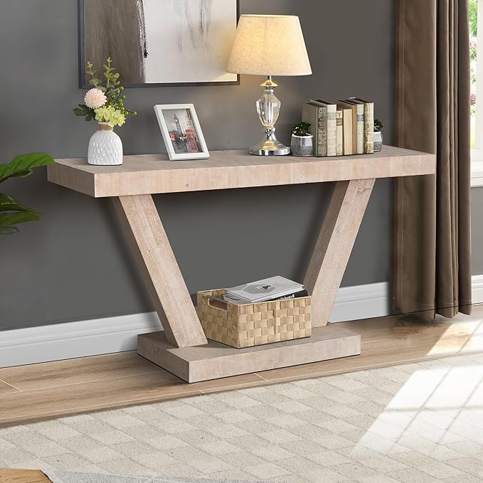 60" Wood Console Table for Entryway Bench with 2-Tier Veneer Storage Cabinet, Rustic Wide Design for Hallway, Living Room & Behind Sofa,Oak