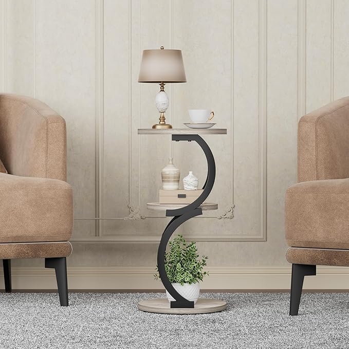 JUSTOGO Small Round Side Table, 3-Tier End Table for Living Room, Vintage Nightstand for Small Spaces Sofa Couch Corner Bedside Bedroom, S-Shaped Wood Accent Table Matel Coffee Table, Greige