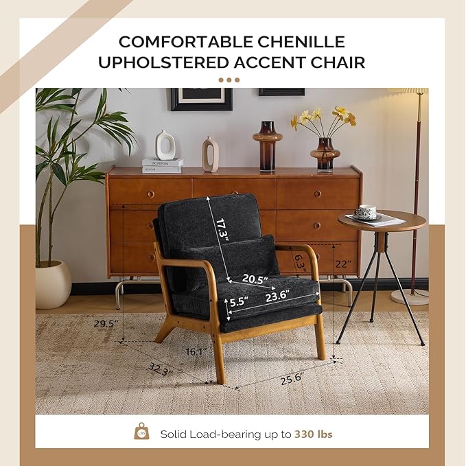 VINGLI Chenille Mid-Century Modern Accent Chair Set of 2, Cute Reading Arm Chair with Cushion & Lumbar Pillow & Solid Wood Frame for Lounge, Living Room, Reading Room, Bedroom, Black