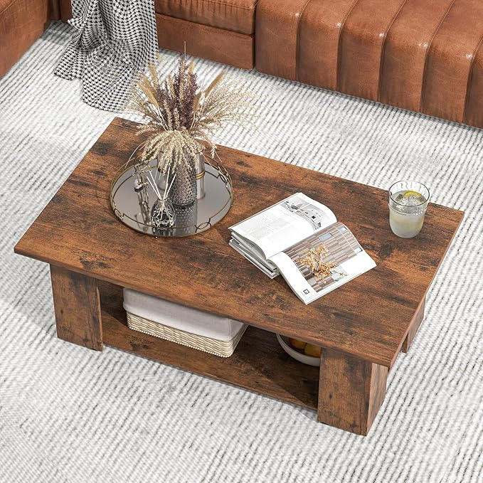 Giantex Rectangle Wood Center Table, 41" L 2-Tier Large Modern Tea Table w/Open Compartment, Easy Assembly, Accent Coffee Table for Living Room, Reception Room, Rustic Brown