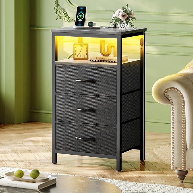 Huuger Night Stand with Charger Station and LED Lights, 3 Drawer Nightstand, Bed Side Table with Open Shelf, End Table, Tall Fabric Dresser for Bedroom, Grey