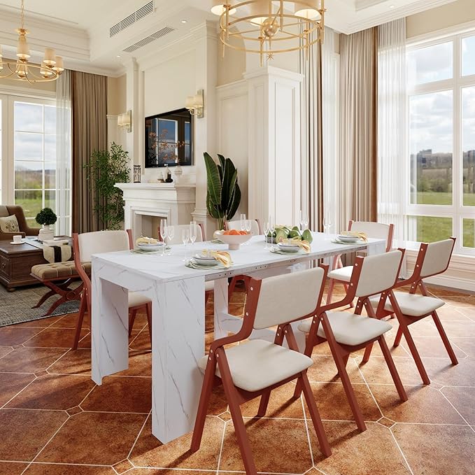 Extendable Dining Table for 2-8 People, 19–78 Inch White Marble High Gloss, Expandable Rectangular Table with Rounded Corners, Space-Saving Console Table with Hidden Leaf Storage