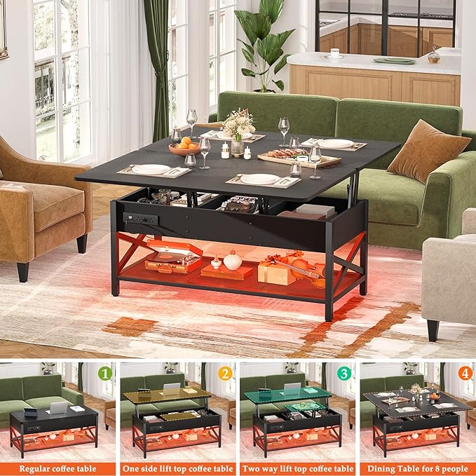 Aheaplus Coffee Table Lift Top Multi-Function Coffee Table Converts to Dining Table, with LED Light and Power Outlet, Center Table with Shelves for Living Room Reception Home Office, Black