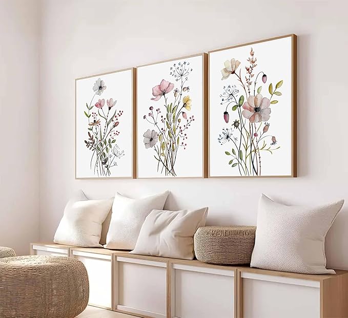 3Pcs Watercolor Wildflower Canvas Wall Art Modern Minimalist Colorful Botanical Floral Painting Pictures Wall Decor Flower Posters Print Artwork for Living Room Bedroom Home Decoration Unframed