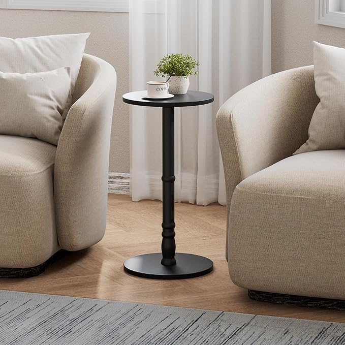 Round Side Table, Solid Wood Pillar with Wood Top & Base, Small Drink Accent Table for Living Room, Bedroom, Sofa & Office, Easy Assembly, Black