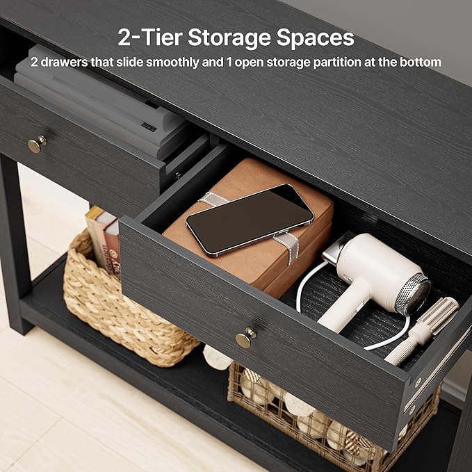 Gizoon Console Table with 2 Drawers, 2-Tier Wood Entryway Table with Storage Shelves, 39" W Wood Accent Sofa Table for Front Hall, Hallway, Living Room, Black
