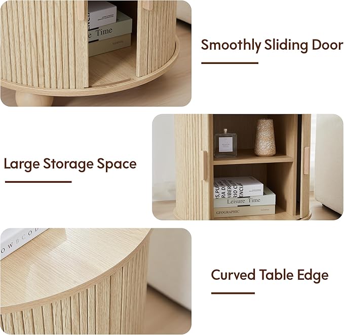 Farmhouse Round End Table with Charging Station, 24" Large Fluted Sofa Side Table with Sliding Tambour Door & Storage, Mid-Century Wood Nightstand for Living Room, Bedroom (Natural)