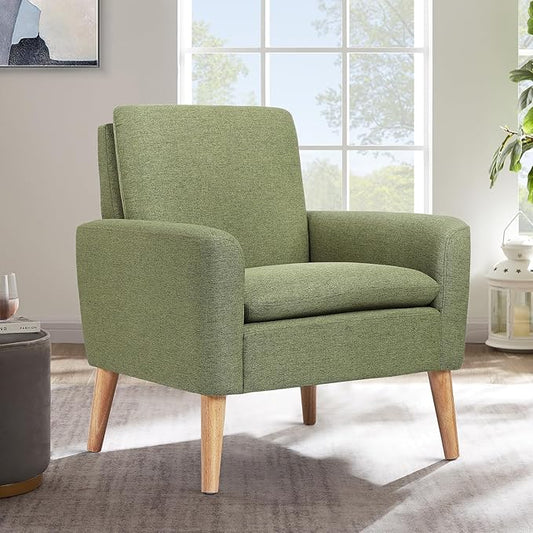 Lohoms Mid Century Accent Chair, Linen Upholstered Green Armchair for Living Room or Bedroom, Comfy Modern Sofa Chair for Guest Room, Reading Nook, or Waiting Area