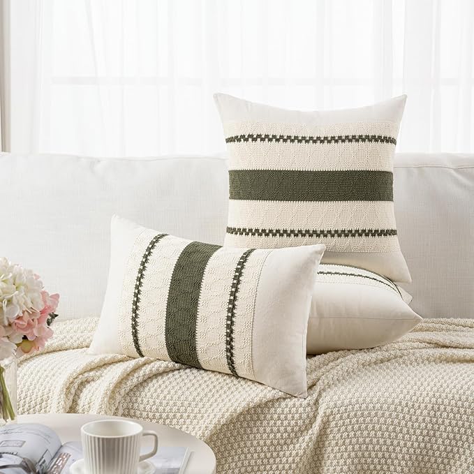 Fancy Homi Set of 2 Boho Olive Green Decorative Throw Pillow Cover 18x18 Inch for Couch Bed Sofa, Aesthetic Modern Organic Farmhouse Home Decor, Soft Cotton Cute Accent Macrame Woven Cushion Case