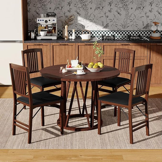 Giantex Folding Dining Chairs Set of 4, Solid Wood Frame, Foldable Wood Kitchen Chairs with Padded Seat, Max Load 400 Lbs, No Assembly, Armless Side Chairs for Apartment Dining Room, Brown & Black