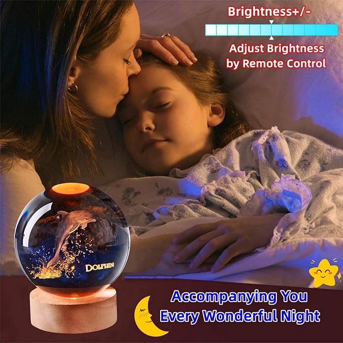 Dolphin Crystal Ball Lamp with LED Wooden Base, 16 Colors Change & Remote Control Sea World Crystal Ball Night Light, Upgraded 3.15 Inch Glass Light, Gift for Kids Wife Girlfriend (Dolphin)