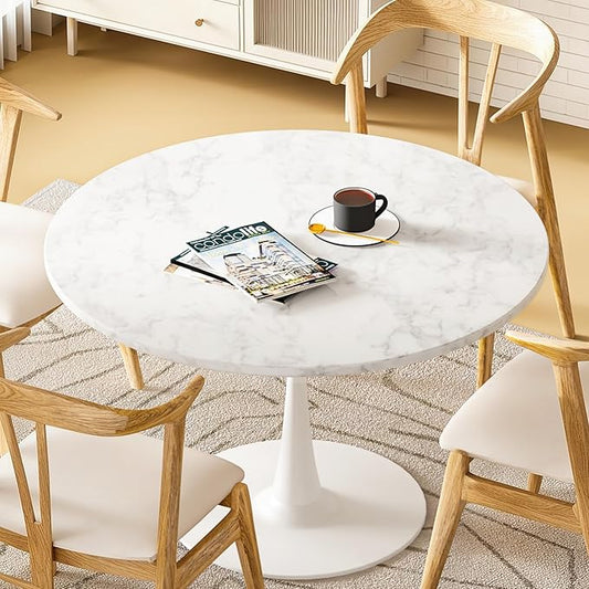 DKLGG White Marble Round Dining Table, 39.1" Tulip Kitchen Dining Table for 4-5 People with MDF Table Top & Pedestal Base, Mid-Century End Living Room Table