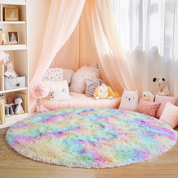 5'x5' Rainbow Round Rugs for Girls Bedroom, Ultra Soft Fluffy Circle Rug for Kids Room, Cute Shag Rugs for Living Room Playroom Tent Castle Home Decor Rug