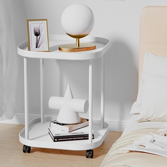 Side Table with Wheels, End Table Living Room Plastic Mobile Sofa Side Table Small Night Stand Bedroom Matte White