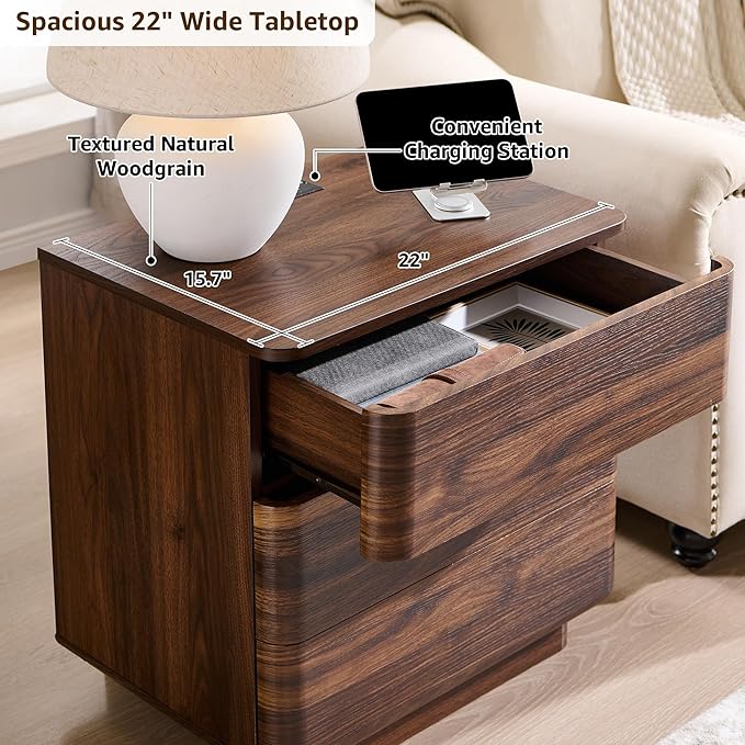 ACCOHOHO 22" Modern Nightstand Set of 2 with Charging Station, Push-to-Open Handleless 3-Drawer Bedside Table, Large End Table with Storage, Night Stand for Bedroom, Living Room, Curved Profile, Brown