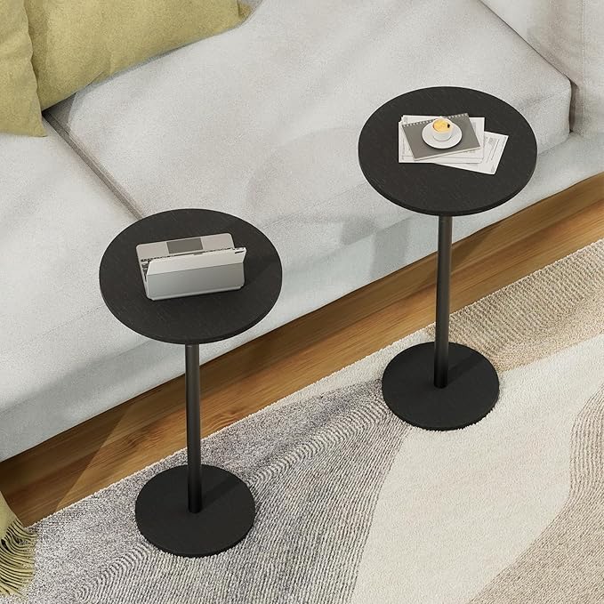 Small Round Side Table, Drink Tables for Narrow Spaces, Pedestal End Table Stand for Living Room, Modern Black Small Nightstand for Bedside, Round Table for Bedroom Sofa-Side