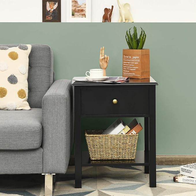 Giantex Nightstand Set of 2, 2-Tier End Table with Drawer and Open Storage Shelf, Modern Bedside Tables, Wooden Side Table Night Stand for Bedroom, Dorm, Small Spaces, Easy Assembly, Black