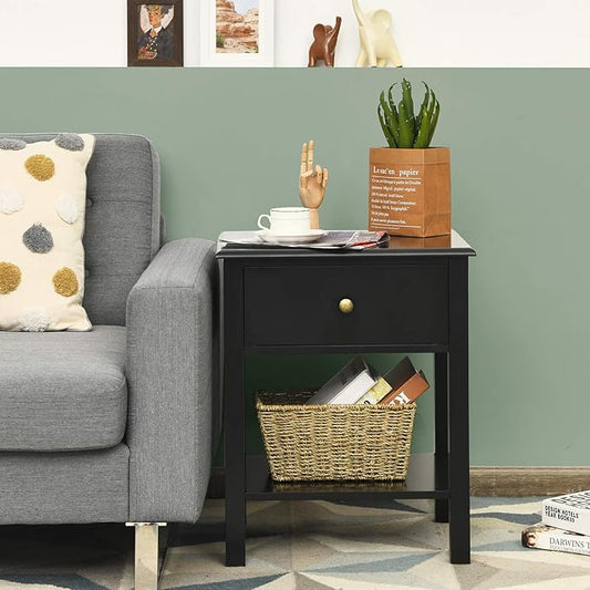 Giantex Nightstand Set of 2, 2-Tier End Table with Drawer and Open Storage Shelf, Modern Bedside Tables, Wooden Side Table Night Stand for Bedroom, Dorm, Small Spaces, Easy Assembly, Black