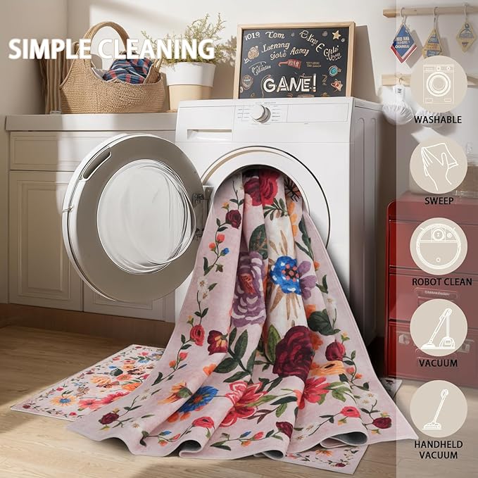 Living Room Rugs, Area Rugs 5x8 Rug for Bedroom Ultra-Thin Soft, Non-Slip Washable Rugs Stain Resistant Boho Rug Low-Pile Throw Rug for ‎Dining Room Office (5 x 8, Beige/Pink Garden)