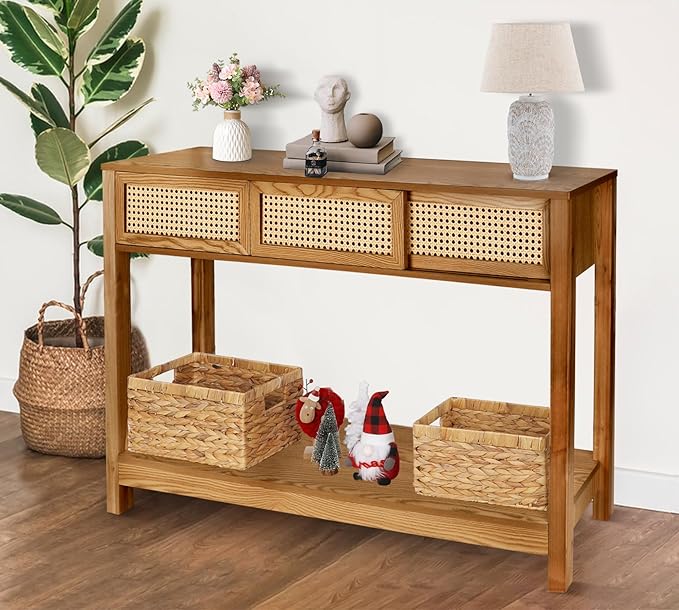 ZYBT Long Console Table, Rattan Entry Table, Console Tables for Entryway, Narrow Wood Console Table with Storage, Rustic Couch Table Hallway Table Brown Boho Sofa Table for Living Room
