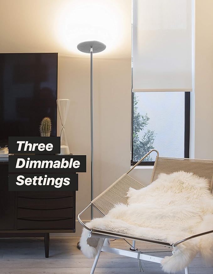 Brightech Sky LED Floor lamp, Torchiere Super Bright Floor Lamp for Living Rooms & Offices - Dimmable, Tall Standing Lamp for Bedroom Reading - Platinum Silver