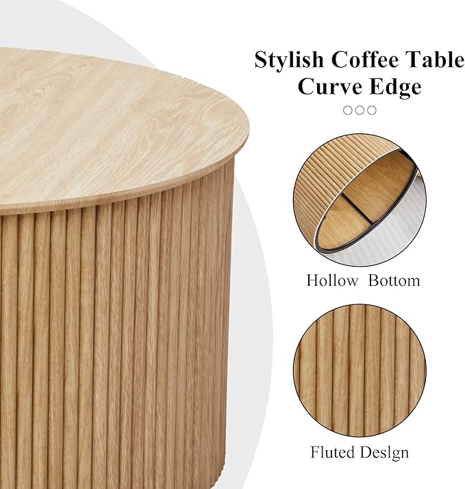 Fluted Round Nesting Coffee Table Set of 2, Mid Century Modern Wood Coffee Table and End Table Set, Minimalist Center Tables Circle Side Table for Living Room, Office(Natural)