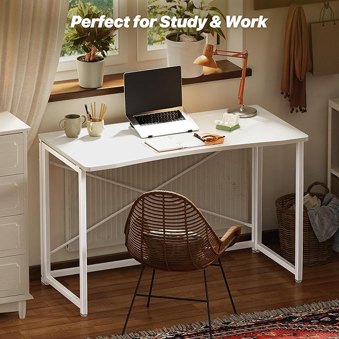 Huuger Folding Desk for Small Spaces, 39.4 Inch Foldable Computer Table, for Home Office, Study, Bedroom, Dorm, Space Saving, Small Writing Work Office Computer Desk, Easy to Fold, White