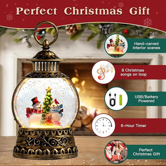 Christmas Snowman Snow Globe, Snowman Musical Snow Globe Lantern Lights with 6H Timer Battery & USB Powered, Retro Style Holiday Glitter Globe for Xmas Home Decoration Holiday Party Gifts