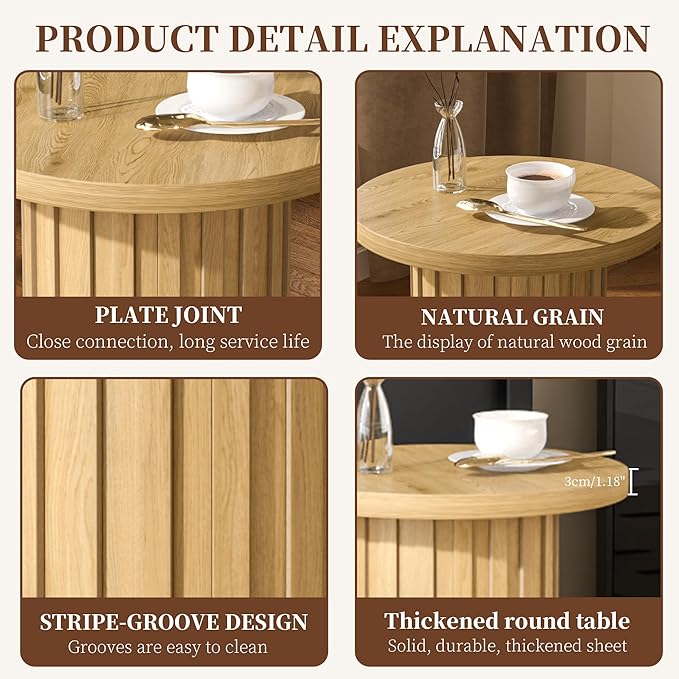 Farmhouse Pedestal End Table Round Side Table with Fluted Panel Rustic Drink Table for Small Space Living Room (Wood Color)