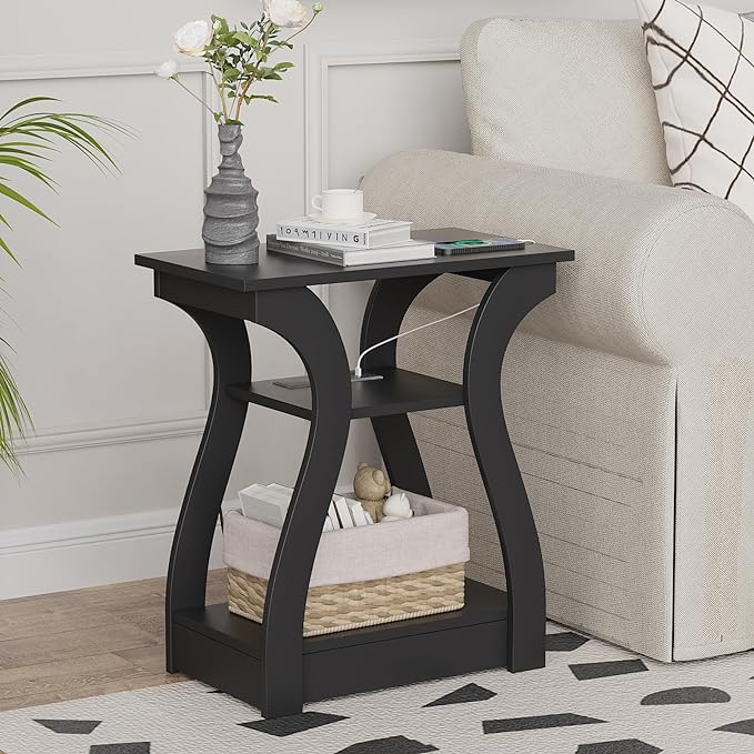 End Table with Charging Station, Side Table with USB Ports and Outlets, 3 Tier Nightstand Sofa Table for Small Spaces, Beside Table with Storage Shelf for Living Room, Bedroom