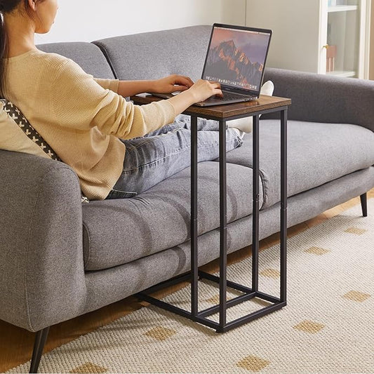 Side Table Small End Table C Shaped, Slide Under Laptop Desk for Couch, Living Room Side Table, TV Trays for Eating on Couch, Rustic Brown+Black YD-TM051HB-2