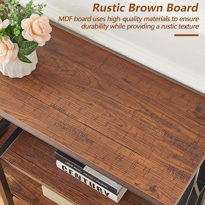 HOMBAZAAR Console Sofa Table, Rustic Entryway Table with Metal Frame and Open Shelves, Industrial Hallway Table with 3 Tier for Entry, Living Room, Foyer,Brown,47 inch