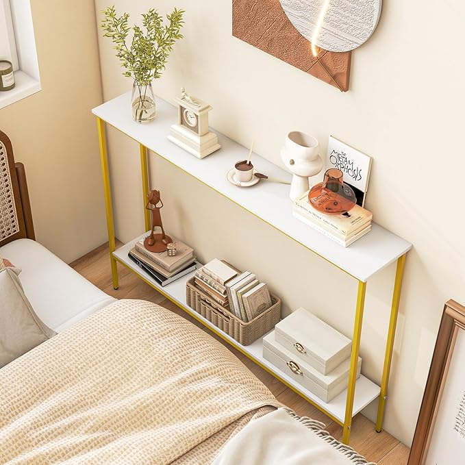 Giantex 44" Console Table with Shelf, Narrow Entryway Table w/Dual Anti-Tipping Kits & Metal Frame, 2-Tier Long Sofa Table, Hallway Table for Living Room, Entrance, Foyer