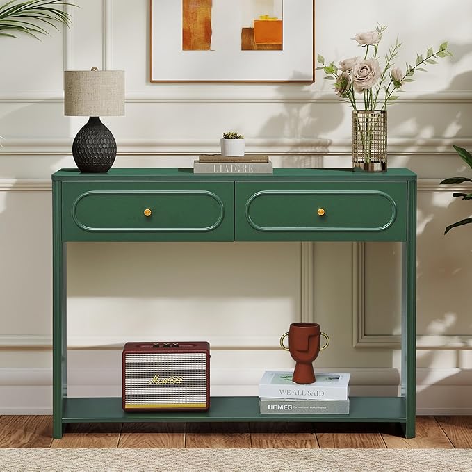 Fluted Console Table with Drawers, Mid-Century Narrow Entryway Table with Open Storage Shelves, Hallway Accent Tables Behind Couch Tables for Living Room (Green)