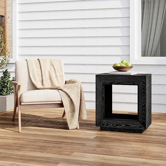 LITTLE TREE End Table with Storage, Wooden Square Side Table, Industrial Sofa Side Tables for Living Room, 2-Tier Bedside Table Nightstand for Bedroom, Chair Side Table for Small Spaces, Black