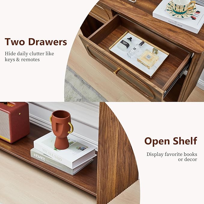 Fluted Console Table with Drawers, Mid-Century Narrow Entryway Table with Open Storage Shelves, Hallway Accent Tables Behind Couch Tables for Living Room (Walnut)