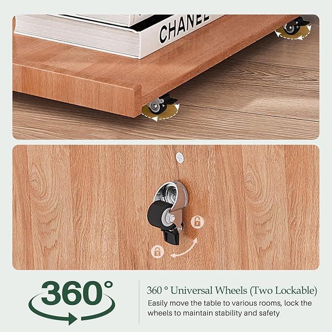 C Shaped Rolling End Table with Wheels - Solid Wood Side Table for Couch, Wooden Modern Tv Tray Bedside Tables for Sofa Armchair Living Room Bedroom, Cherry, 15.4 in x 23.6 in x 24.8 in