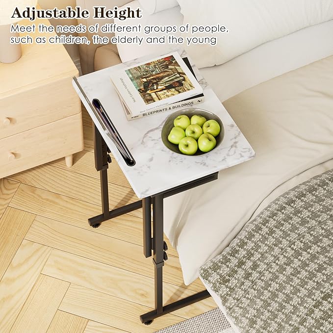TV Tray, Folding TV Dinner Table, Adjustable Small C-Shaped End Tray for Eating, Foldable Slide Under Couch Side Table for Recliner, Living Room, Bedroom,No Assembly Required(White Marble)