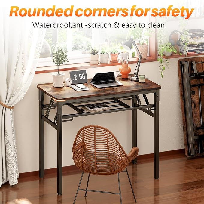 BYMECOST 39.4" Folding Desk, No Assembly Computer Desk, Small Foldable Table with Storage Shelf, Study Table for Small Space, Writing Desk Compact Desk for Home Office (Brown, 39.4")
