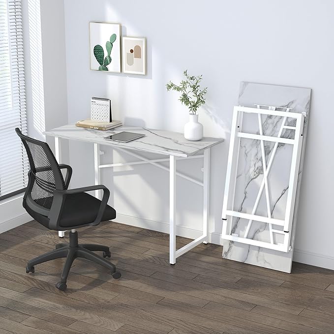 47 inch Folding Desk No Assembly Required, Writing Gaming Computer Camping Table, Home Office Desk, White Marble