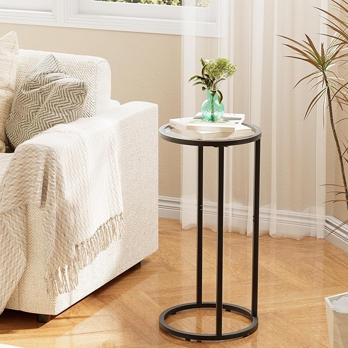Round Side Table,Glass C Shaped Table,Couch End Table, Tempered Glass Snack Table with Metal Frame, Sofa Couch Bedside Table,TV Tray Table for Small Space(Black,2pcs)