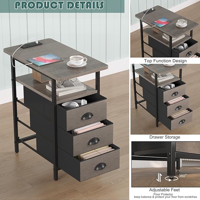 End Table with Charging Station, Side Tables Livingroom with USB Ports and Outlets,Narrow Nightstands Bedside Tables with 3 Drawers for Small Space,Slim Sofa Table Bedroom,Grey