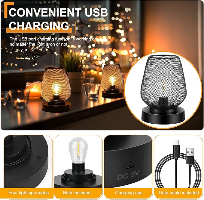 UBright 2 Pack Rechargeable Table Lamp Cordless Table Lamp Battery Operated Lights Metal with 4 Lighting Mode Indoor Outdoor Lights for Patio Bedroom Living Room (Bulb Included) Black