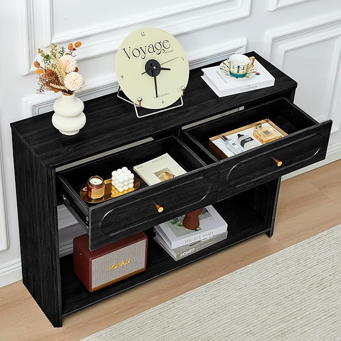 Fluted Console Table with Drawers, Mid-Century Narrow Entryway Table with Open Storage Shelves, Hallway Accent Tables Behind Couch Tables for Living Room (Black)